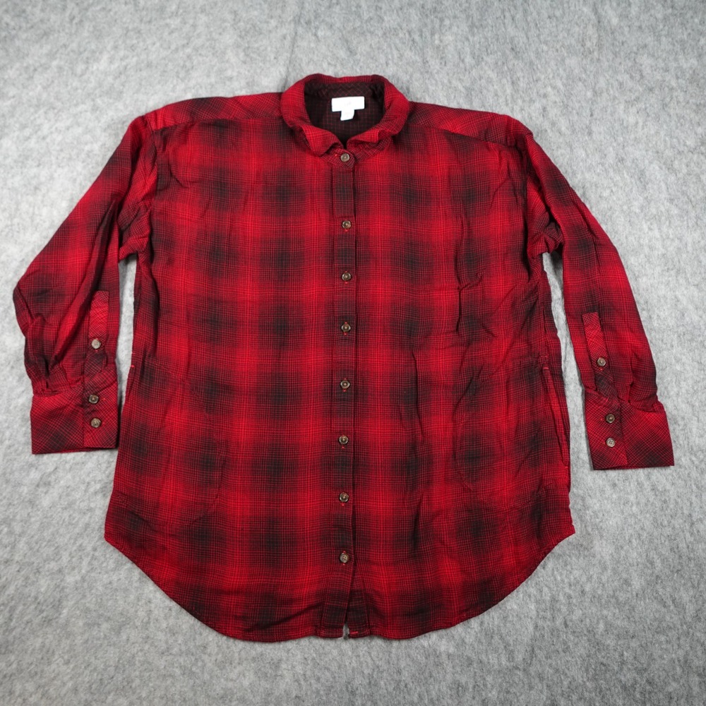 J Jill Top Women Medium Petite Red Plaid‎ Button Down Long Sleeve